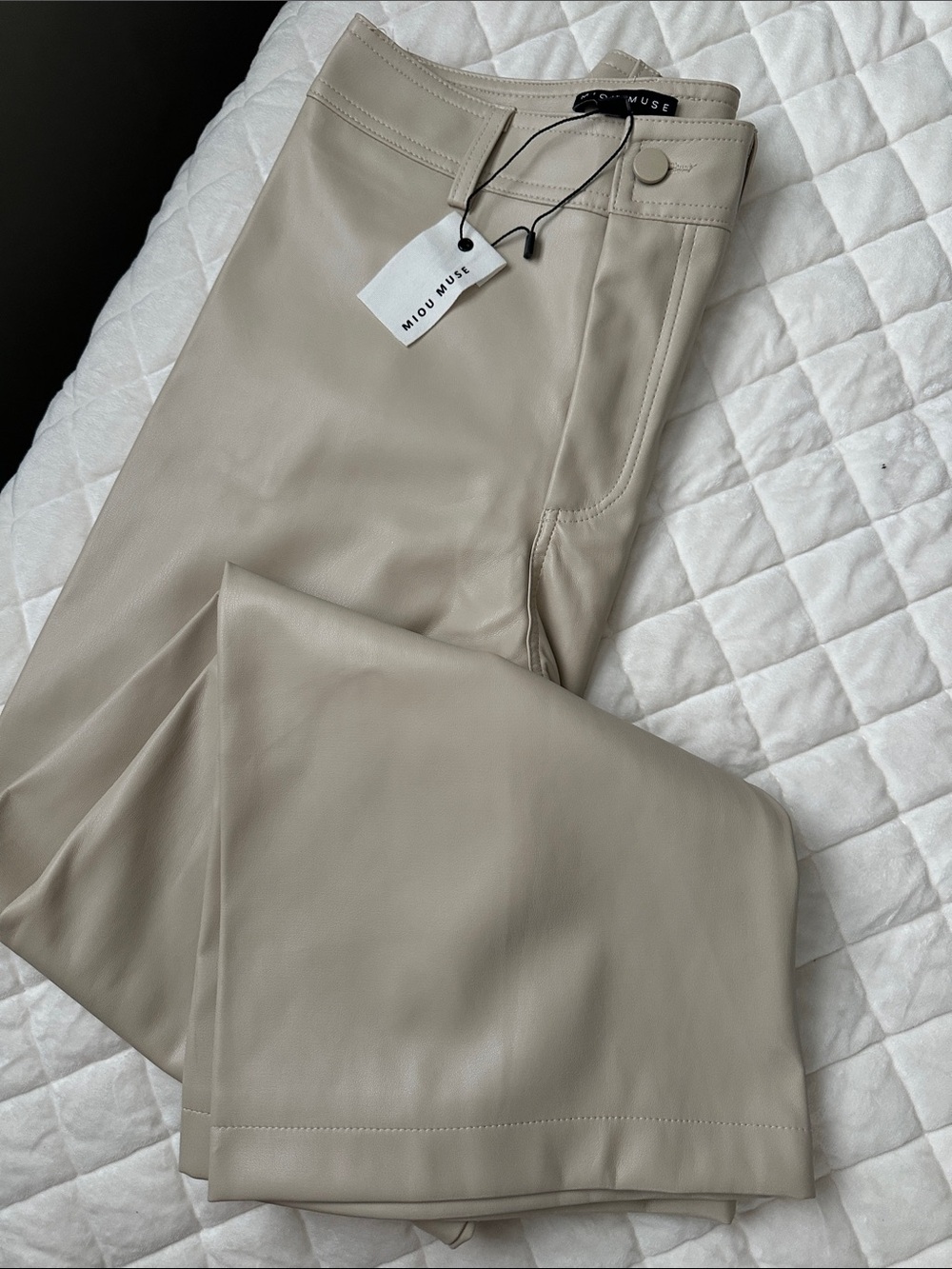 Miu Muse Wide Leg Faux Leather Pants - Beige